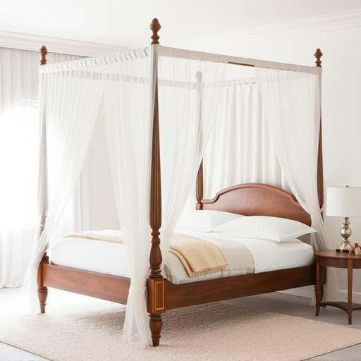 Four poster bed with a sheer white canopy