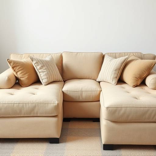 Sectional sofa in a light beige color with several throw pillows