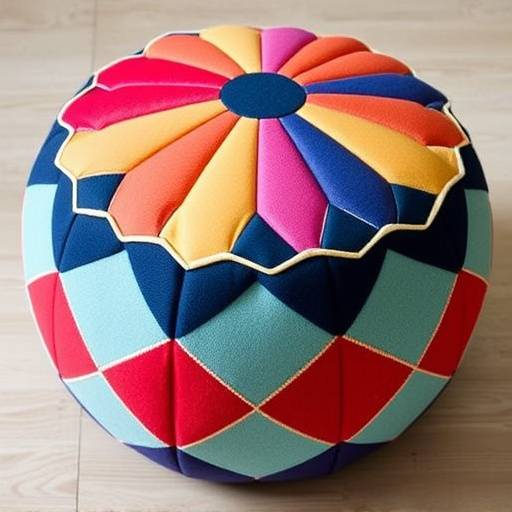 Small round pouf covered in a colorful geometric fabric